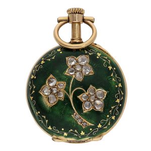 Swiss rose gold, enamel and diamond-set cylinder watch Circa 1910
