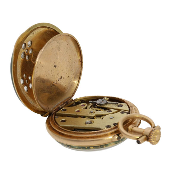 Swiss rose gold, enamel and diamond-set cylinder watch Circa 1910 Swiss rose gold, enamel and diamond-set cylinder watch Circa 1910