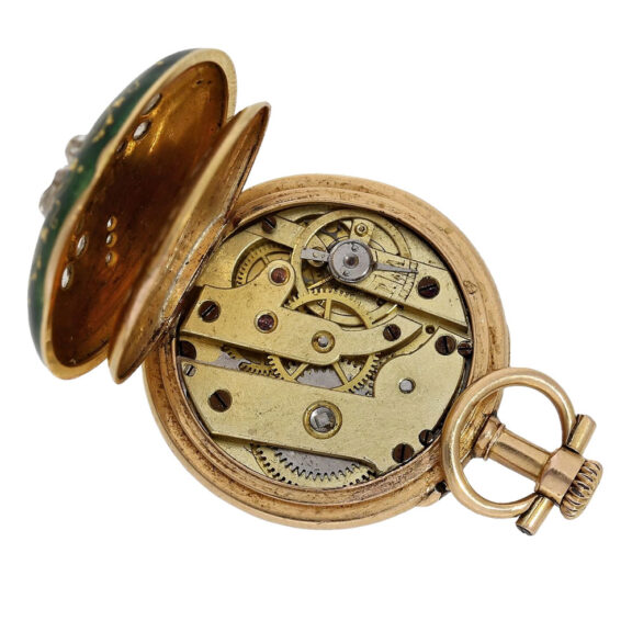 Swiss rose gold, enamel and diamond-set cylinder watch Circa 1910 Swiss rose gold, enamel and diamond-set cylinder watch Circa 1910