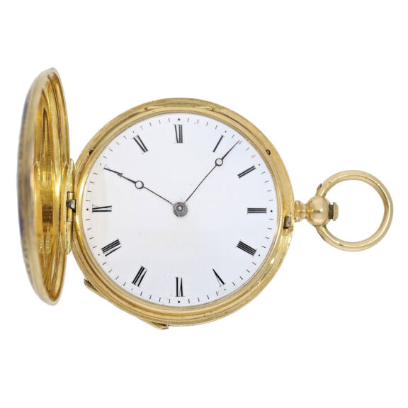 Swiss gold and enamel hunting cased cylinder watch Circa 1850 Swiss gold and enamel hunting cased cylinder watch Circa 1850