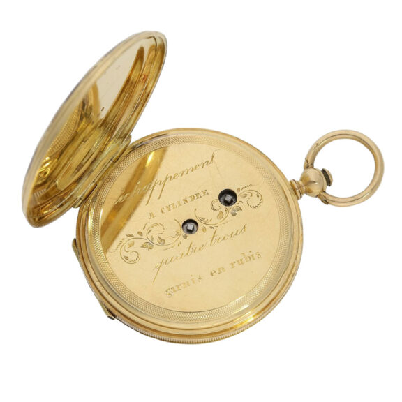 Swiss gold and enamel hunting cased cylinder watch Circa 1850 Swiss gold and enamel hunting cased cylinder watch Circa 1850