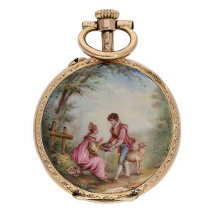 Swiss 18K rose gold and enamel miniature watch Circa 1890