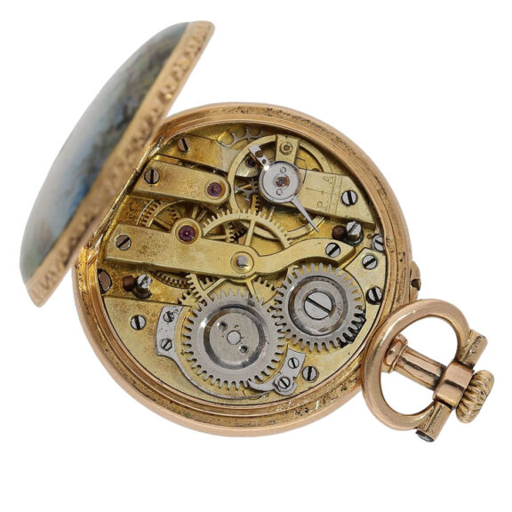 Swiss 18K rose gold and enamel miniature watch Circa 1890 Swiss 18K rose gold and enamel miniature watch Circa 1890