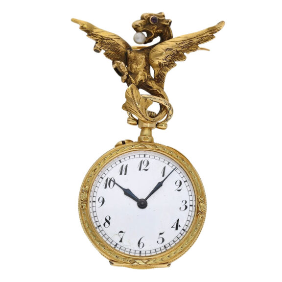 French gold Art Nouveau pendant watch with dragon brooch Circa 1900