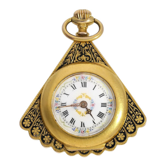 Swiss gold, enamel and diamond-set fan form watch Circa 1890