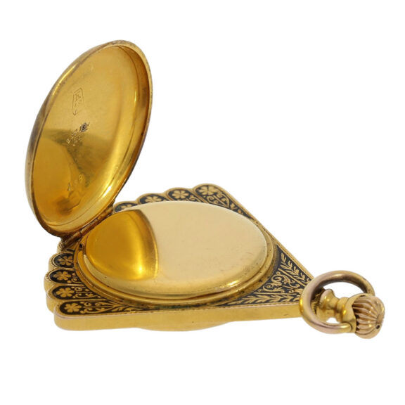 Swiss gold, enamel and diamond-set fan form watch Circa 1890 Swiss gold, enamel and diamond-set fan form watch Circa 1890