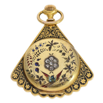 Swiss gold, enamel and diamond-set fan form watch Circa 1890