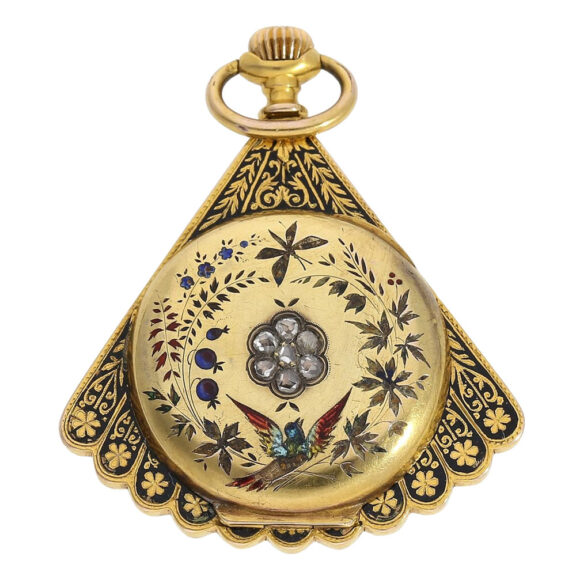 Swiss gold, enamel and diamond-set fan form watch Circa 1890 Swiss gold, enamel and diamond-set fan form watch Circa 1890