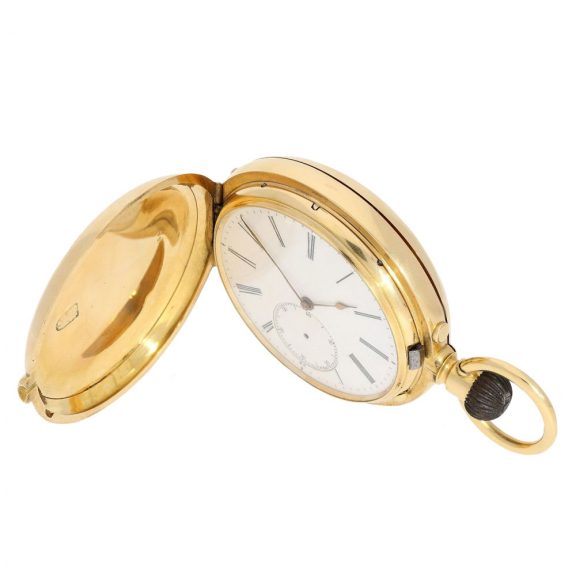 Swiss gold hunting cased ankerchronometer with calendar Circa 1870 Swiss gold hunting cased ankerchronometer with calendar Circa 1870