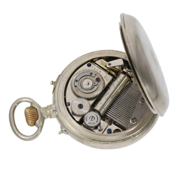 Swiss nickel musical cylinder watch with visible balance Circa 1890 Swiss nickel musical cylinder watch with visible balance Circa 1890