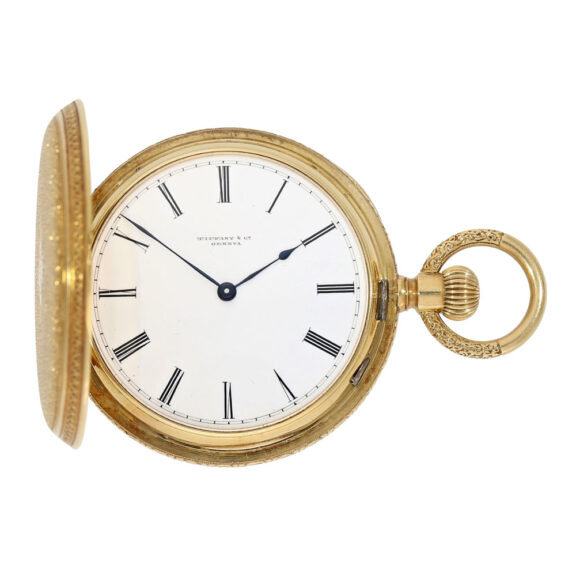 Swiss gold hunting cased watch with special case decoration Circa 1855 Swiss gold hunting cased watch with special case decoration Circa 1855
