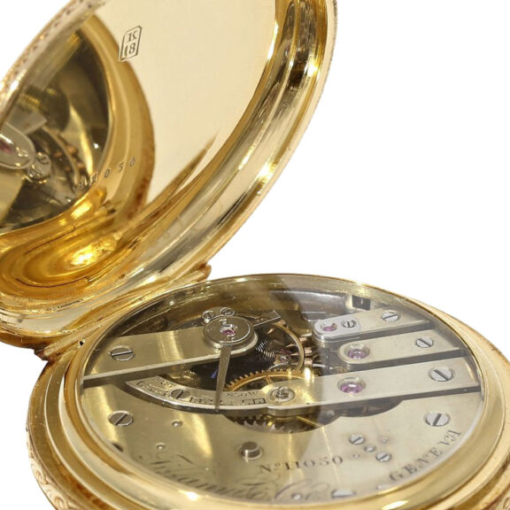 Swiss gold hunting cased watch with special case decoration Circa 1855 Swiss gold hunting cased watch with special case decoration Circa 1855