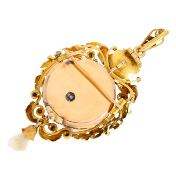 Swiss gold brooch pendant watch with automaton Circa 1860 Swiss gold brooch pendant watch with automaton Circa 1860