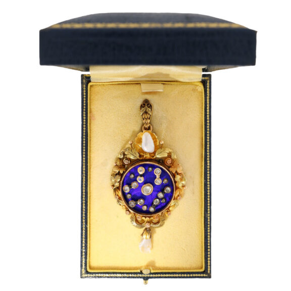 Swiss gold brooch pendant watch with automaton Circa 1860 Swiss gold brooch pendant watch with automaton Circa 1860