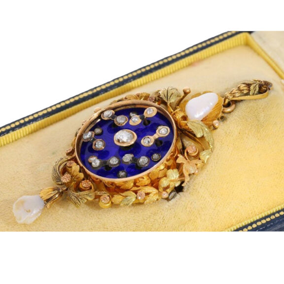Swiss gold brooch pendant watch with automaton Circa 1860 Swiss gold brooch pendant watch with automaton Circa 1860