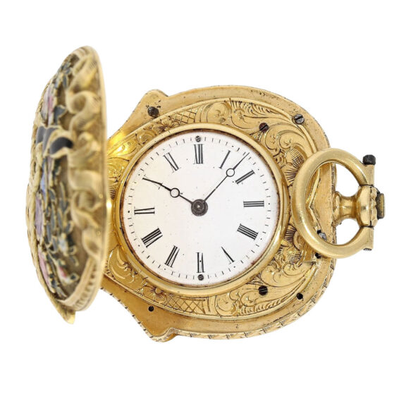 Swiss gold and enamel flower basket form watch Circa 1850 Swiss gold and enamel flower basket form watch Circa 1850