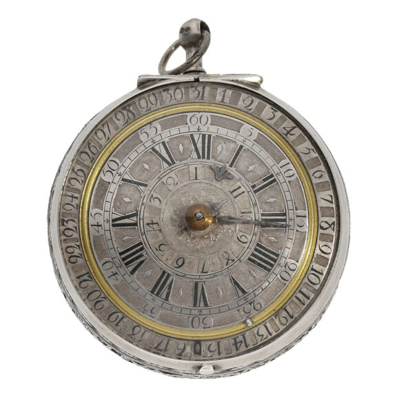 Swiss silver verge with alarm and rotating date display Circa 1690 Swiss silver verge with alarm and rotating date display Circa 1690