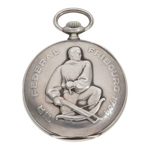 Swiss silver marksman's watch with silver watch chain Circa 1934
