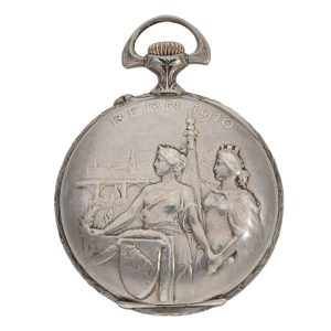 Swiss silver open faced marksman's watch with chain Circa 1910