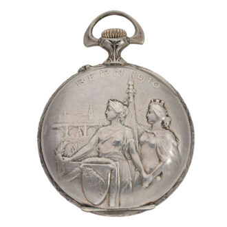 Swiss silver open faced marksman's watch with chain Circa 1910
