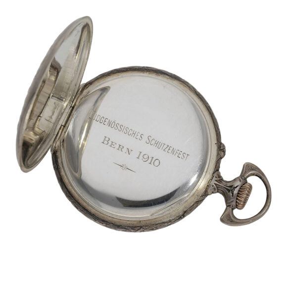 Swiss silver open faced marksman's watch with chain Circa 1910 Swiss silver open faced marksman's watch with chain Circa 1910