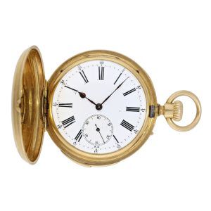 Swiss 18K gold hunting cased quarter repeating lever Circa 1860