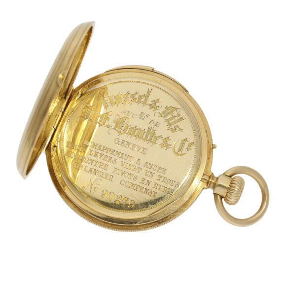 Swiss 18K gold hunting cased quarter repeating lever Circa 1860 Swiss 18K gold hunting cased quarter repeating lever Circa 1860