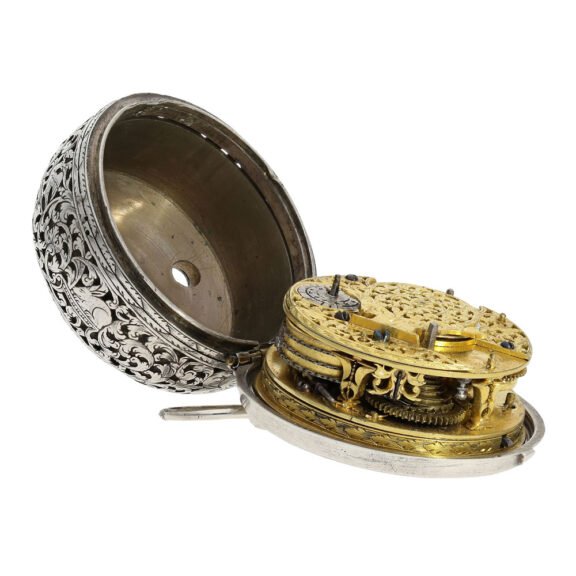 English silver pair cased single-handed verge with alarm Circa 1690 English silver pair cased single-handed verge with alarm Circa 1690