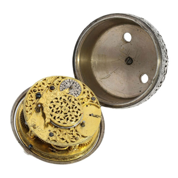 English silver pair cased single-handed verge with alarm Circa 1690 English silver pair cased single-handed verge with alarm Circa 1690