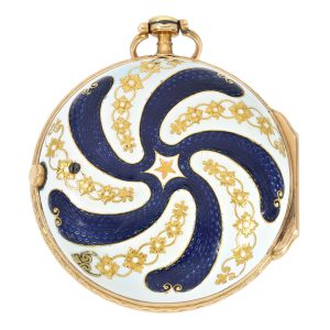 French 20K rose gold and enamel open faced verge watch Circa 1750
