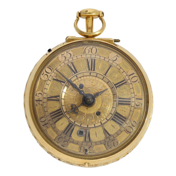 English gold repeating repoussé verge with alarm Circa 1718-1734 English gold repeating repoussé verge with alarm Circa 1718-1734