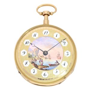 Swiss gold and enamel quarter repeating musical cylinder watch Circa 1820