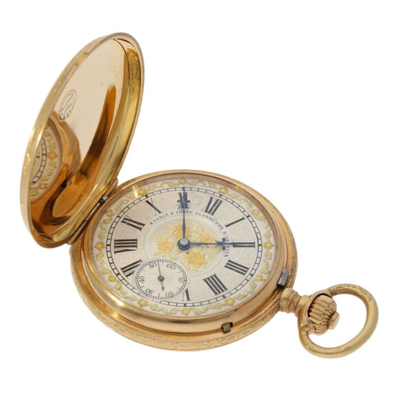 German 18 carat gold and enamel hunting cased pocket watch, circa 1892 German 18 carat gold and enamel hunting cased pocket watch, circa 1892