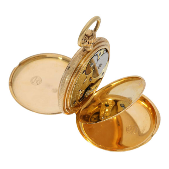 German 18 carat gold and enamel hunting cased pocket watch, circa 1892 German 18 carat gold and enamel hunting cased pocket watch, circa 1892