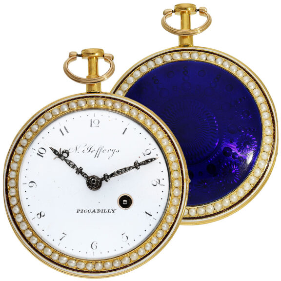 English gold/enamel pocket watch with pearl setting Circa 1800 English gold/enamel pocket watch with pearl setting Circa 1800