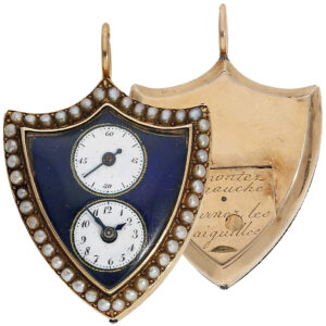 Swiss gold shield-shaped watch with two small dials Circa 1800