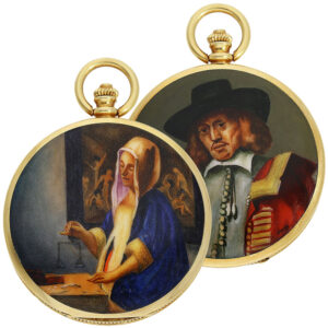 Fine Swiss gold full hunter with enamel paintings Circa 1950