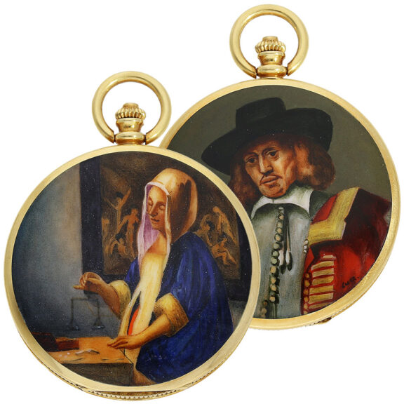 Fine Swiss gold full hunter with enamel paintings Circa 1950