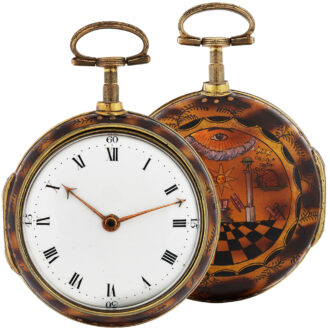 English gilded brass pair cased Masonic pocket watch Circa 1790 English gilded brass pair cased Masonic pocket watch Circa 1790