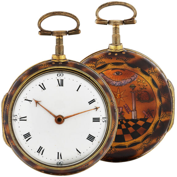 English gilded brass pair cased Masonic pocket watch Circa 1790 English gilded brass pair cased Masonic pocket watch Circa 1790