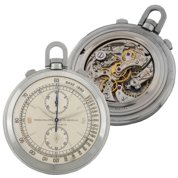 Swiss stainless steel pocket watch with chronograph Circa 1939 Swiss stainless steel pocket watch with chronograph Circa 1939