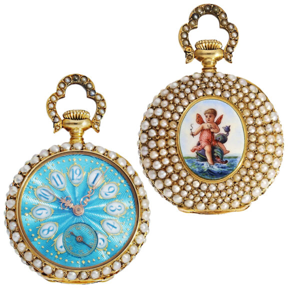Swiss gold, enamel and pearl set ladies' pendant watch Circa 1900