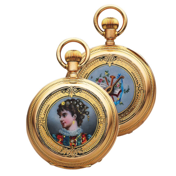 Swiss gold and enamel hunting cased pendant watch Circa 1890