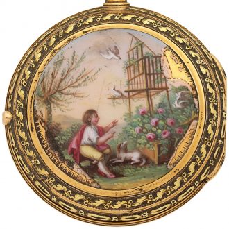 Swiss gold watch with polychrome enamel painted scene Circa 1800