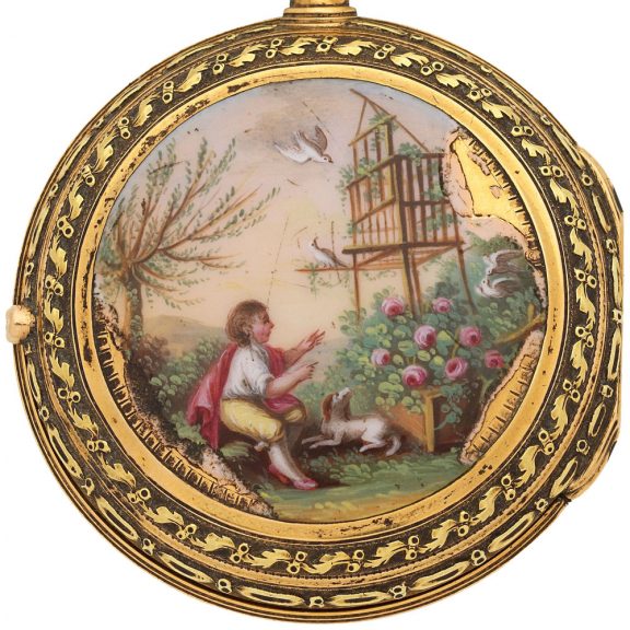 Swiss gold watch with polychrome enamel painted scene Circa 1800 Swiss gold watch with polychrome enamel painted scene Circa 1800