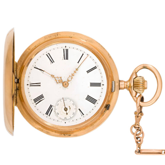 Swiss 14K gold full hunter pocket watch with chain Circa 1850 Swiss 14K gold full hunter pocket watch with chain Circa 1850