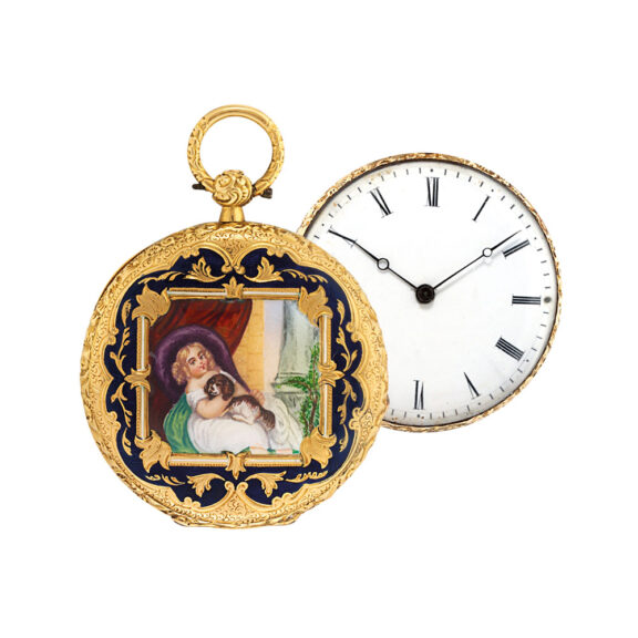Gold/enamel open faced cylinder pendant watch Circa 1850