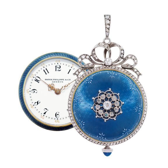 White gold, enamel, diamond set lever with brooch Circa 1910
