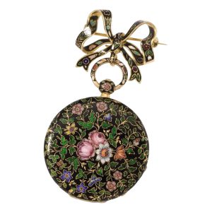 Swiss gold and enamel cylinder watch with brooch Circa 1870