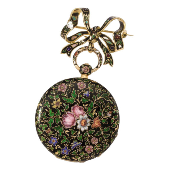 Swiss gold and enamel cylinder watch with brooch Circa 1870